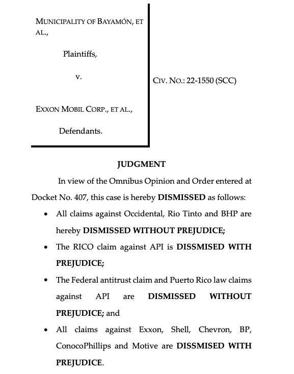 Judge Dismisses Puerto Rico Municipalities Climate RICO Lawsuit Against the Fossil Fuel Industry